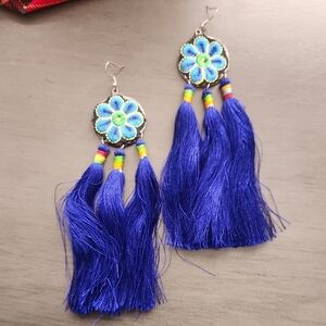 Blue Floral Tassel Earrings